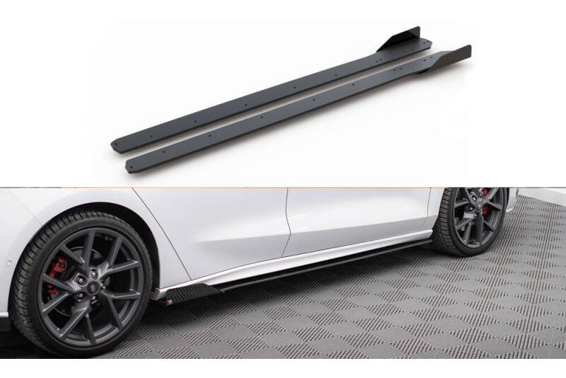 Maxton Design Street Pro Seitenschweller (Paar) für Ford Focus ST / ST-Line Mk4 matt schwarz mit Hochglanz Flaps