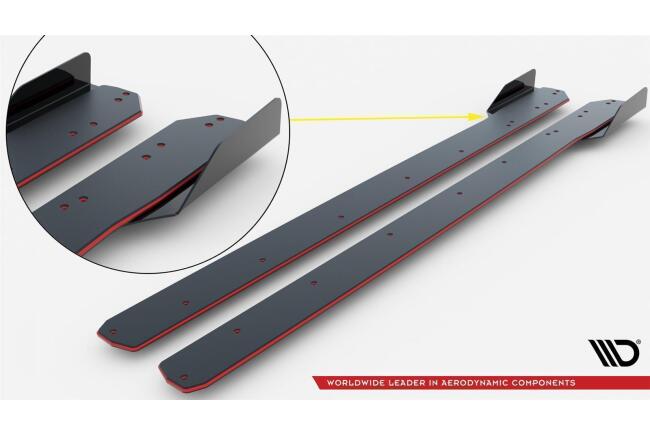 Maxton Design Street Pro Seitenschweller (Paar) für Ford Focus ST / ST-Line Mk4 rot mit Hochglanz schwarzen Flaps