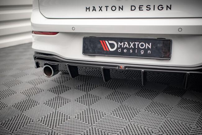 Edelstahl Sportauspuff und Maxton Heckdiffusor V.4 für VW Golf 8 R-Line Endrohre 2x100mm rund