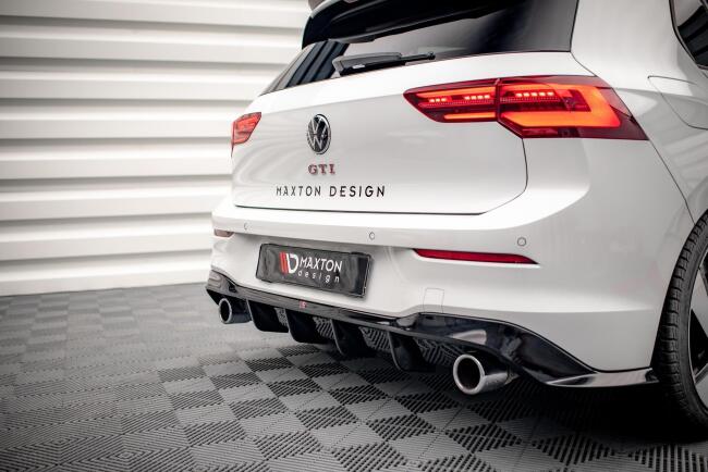 Edelstahl Sportauspuff und Maxton Heckdiffusor V.6 für VW Golf 8 R-Line Endrohre 2x100mm rund