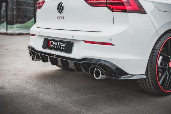 Edelstahl Sportauspuff und Maxton Heckdiffusor V.1 für VW Golf 8 GTI Endrohre 2x100mm poliert