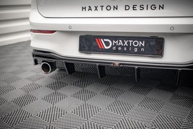Edelstahl Sportauspuff und Maxton Heckdiffusor V.3 für VW Golf 8 GTI Endrohre 2x100mm poliert
