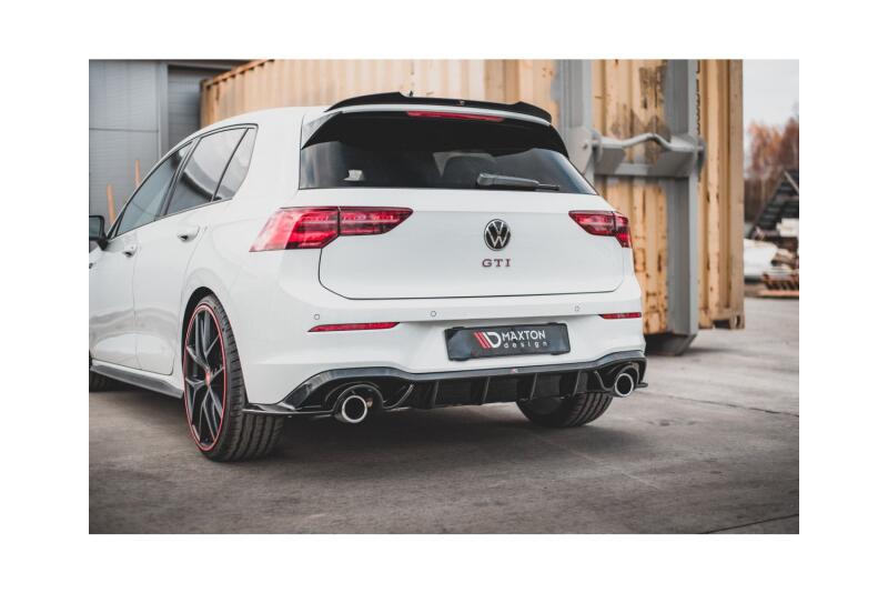 Edelstahl Sportauspuff und Maxton Heckdiffusor V.1 für VW Golf 8 R-Line mit Starrachse Endrohre 2x100mm rund