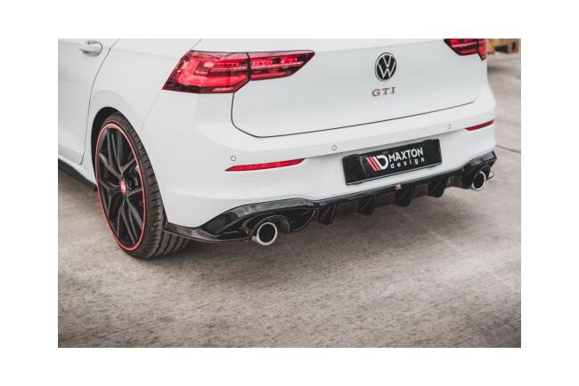 Edelstahl Sportauspuff und Maxton Heckdiffusor V.1 für VW Golf 8 R-Line mit Starrachse Endrohre 2x100mm rund