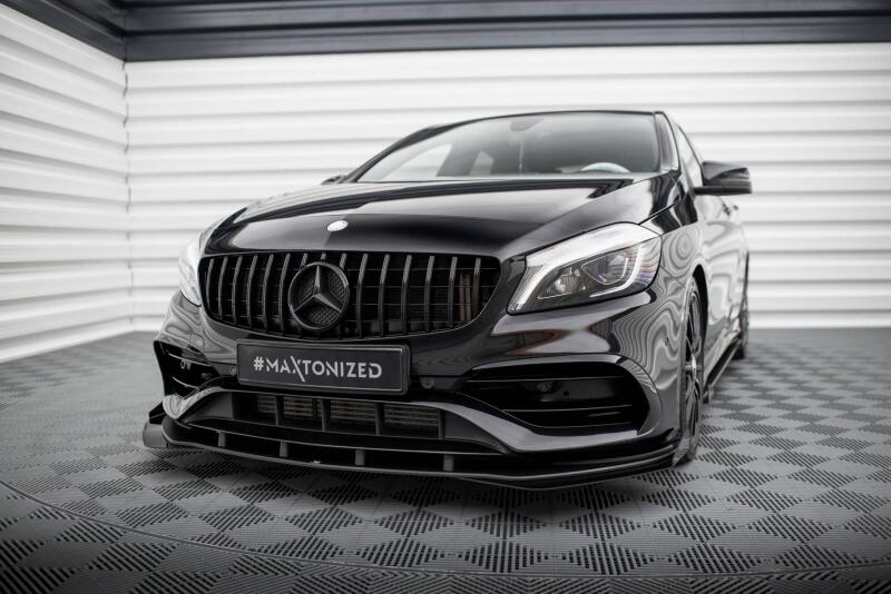 Maxton Design Street Pro Frontlippe für Mercedes A AMG-Line W176 Facelift Hochglanz schwarz schwarz mit Hochglanz Flaps
