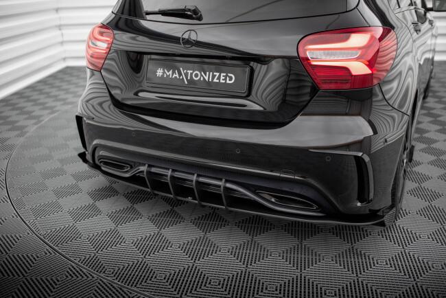 Maxton Design Street Pro Heckdiffusor für Mercedes A AMG-Line W176 Facelift Hochglanz schwarz schwarz mit roten Streifen und Glanz Flaps