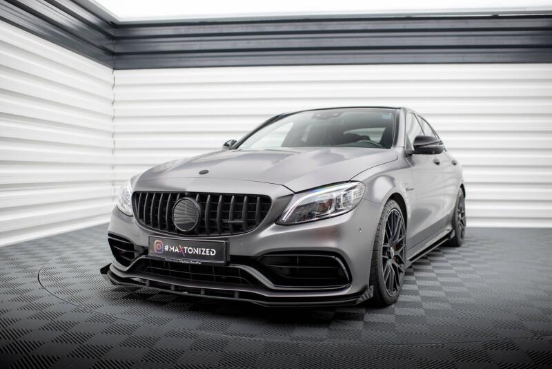 Maxton Design Street Pro Frontlippe für Mercedes C63 Limousine / Kombi W205 Facelift Hochglanz schwarz schwarz mit Hochglanz Flaps