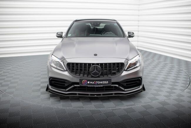 Maxton Design Street Pro Frontlippe für Mercedes C63 Limousine / Kombi W205 Facelift Hochglanz schwarz schwarz mit Hochglanz Flaps