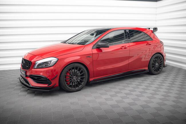 Maxton Design Street Pro Seitenschweller für Mercedes-Benz A 45 AMG W176 Facelift Schwarz mit Hochglanz Flaps